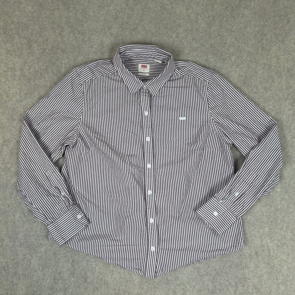 Levi's Button Down Shirt Women Size M Maroon‎ White Striped Long Sleeve Classic